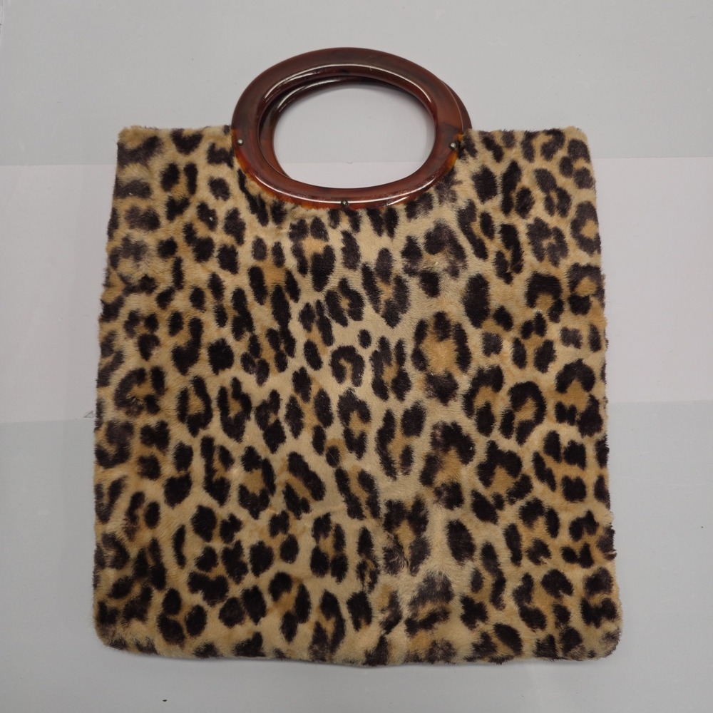 Vintage Leopard Faux Fur Tote Bag Tortoise Shell Circle Handle Handbag